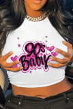 White Sexy Letters Patchwork O Neck T-Shirts
