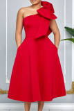 Green Celebrities Solid Color Bow Decor Patchwork Oblique Collar A Line Dresses