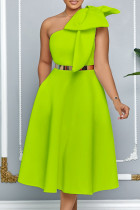 Green Celebrities Solid Color Bow Decor Patchwork Oblique Collar A Line Dresses