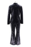 Black Casual Solid Color Sequins Patchwork Turndown Collar Long Sleeve Two Pieces