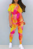 Green Yellow Casual Print Patchwork O Neck Short Sleeve Two Pieces
