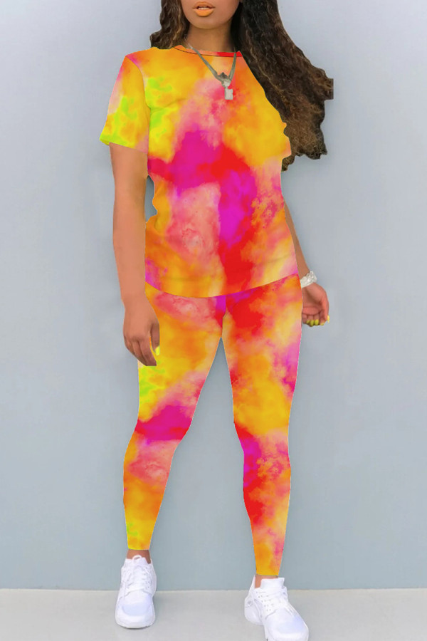 Pink Casual Print Patchwork O Neck Short Sleeve Two Pieces