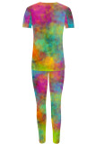 Green Yellow Casual Print Patchwork O Neck Short Sleeve Two Pieces