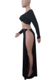 Black Sexy Solid Color High Slit Patchwork Off Shoulder Long Sleeve Two Pieces