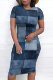 Colorful Blue Casual Street Faux Denim Print Contrast O Neck Printed Short Sleeve Dress