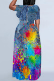 Grey Casual Street Gradient Faux Denim Print Contrast O Neck Printed Dresses