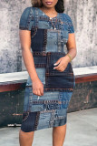 Colorful Blue Casual Street Faux Denim Print Contrast O Neck Printed Short Sleeve Dress