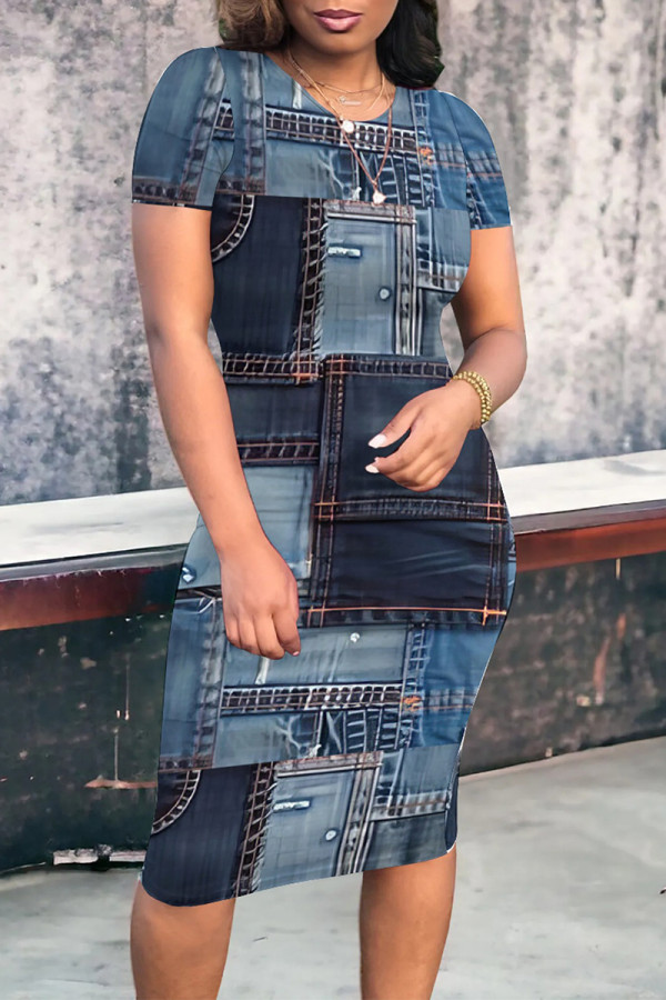 Gray Blue Casual Street Faux Denim Print Contrast O Neck Printed Short Sleeve Dress