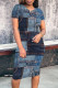 Gray Blue Casual Street Faux Denim Print Contrast O Neck Printed Short Sleeve Dress