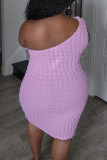 Light Pink Sexy Solid Color Backless Patchwork Oblique Collar Wrapped Skirt Plus Size Dresses