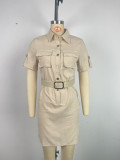 Apricot Elegant Solid Patchwork Pocket Buckle Turndown Collar Wrapped Skirt Dresses
