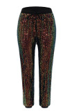 Black Street Sequins Draw String Patchwork Skinny Mid Waist Pencil Patchwork Bottoms