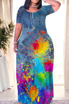 Blue Casual Street Gradient Faux Denim Print Contrast O Neck Printed Dresses