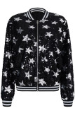 Black Silver Street Sequins Patchwork Zipper Zipper Collar Outerwear