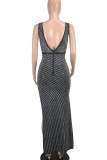 Black Celebrities Backless High Slit Hot Drill Patchwork Deep V Neck Long Dresses