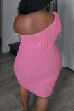 Light Pink Sexy Solid Color Backless Patchwork Oblique Collar Wrapped Skirt Plus Size Dresses