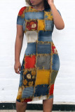 Colorful Blue Casual Street Faux Denim Print Contrast O Neck Printed Short Sleeve Dress