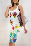 White Casual Graffiti Print Contrast U Neck Printed Dresses