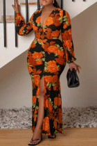 Orange Celebrities Print Patchwork High Slit Zipper Deep V Neck Wrapped Skirt Plus Size Dresses