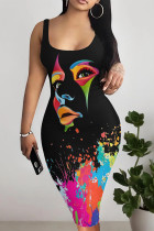 Black Casual Graffiti Print Contrast U Neck Printed Dresses