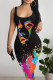 Black Casual Graffiti Print Contrast U Neck Printed Dresses