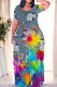 Colorful Blue Casual Street Gradient Faux Denim Print Contrast O Neck Printed Dresses