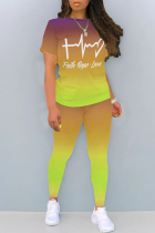 Green Yellow Casual Daily Gradient Print Letter Print Contrast O Neck Short Sleeve Two Pieces