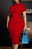 Royal Blue Celebrities Pocket Buttons Patchwork O Neck Wrapped Skirt Dresses
