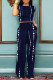 Navy Blue Casual Daily Geometric Print Pocket Contrast O Neck Short Sleeve Two Pieces