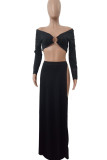Black Sexy Solid Color High Slit Patchwork Off Shoulder Long Sleeve Two Pieces
