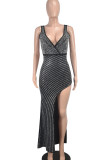 Black Celebrities Backless High Slit Hot Drill Patchwork Deep V Neck Long Dresses