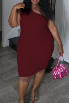 Burgundy Sexy Solid Color Backless Patchwork Oblique Collar Wrapped Skirt Plus Size Dresses