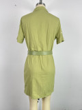 Apricot Elegant Solid Patchwork Pocket Buckle Turndown Collar Wrapped Skirt Dresses