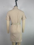 Apricot Elegant Solid Patchwork Pocket Buckle Turndown Collar Wrapped Skirt Dresses