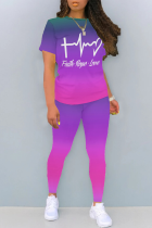 Purple Casual Daily Gradient Print Letter Print Contrast O Neck Short Sleeve Two Pieces
