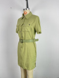 Apricot Elegant Solid Patchwork Pocket Buckle Turndown Collar Wrapped Skirt Dresses