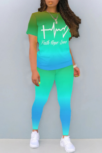 Turquoise Casual Daily Gradient Print Letter Print Contrast O Neck Short Sleeve Two Pieces