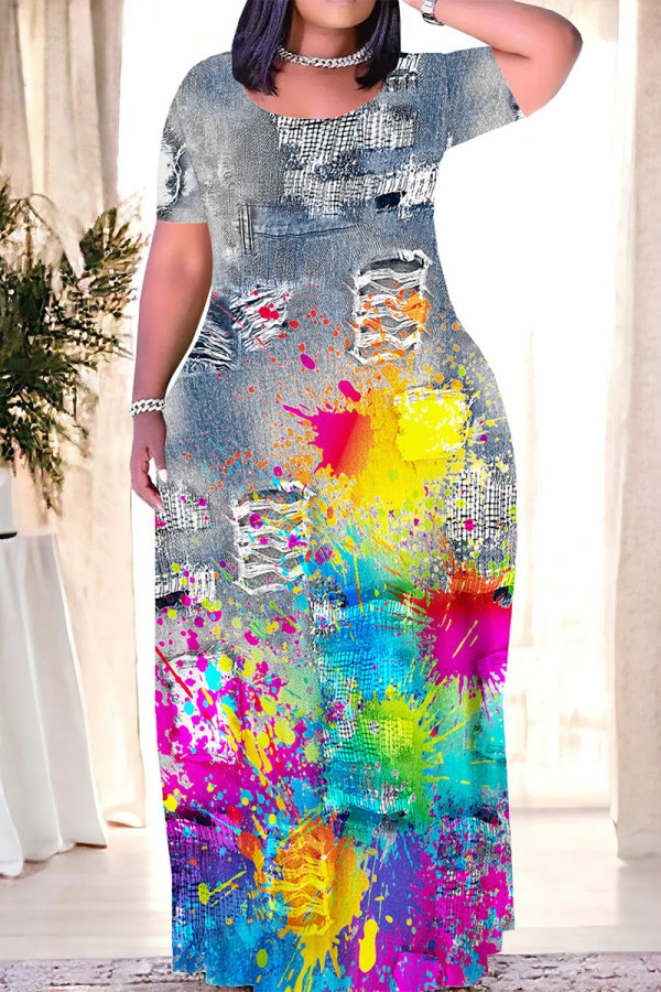 Grey Casual Street Gradient Faux Denim Print Contrast O Neck Printed Dresses