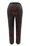 Black Street Sequins Draw String Patchwork Skinny Mid Waist Pencil Patchwork Bottoms