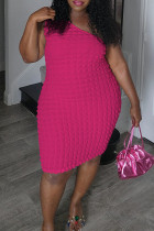 Rose Red Sexy Solid Color Backless Patchwork Oblique Collar Wrapped Skirt Plus Size Dresses
