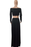 Black Sexy Solid Color High Slit Patchwork Off Shoulder Long Sleeve Two Pieces