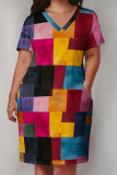 Blue Casual Daily Colorblock Print Pocket Contrast V Neck Printed Plus Size Dresses