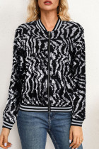 Black Silver Street Sequins Patchwork Zipper Zipper Collar Outerwear