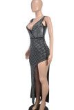 Black Celebrities Backless High Slit Hot Drill Patchwork Deep V Neck Long Dresses