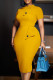 Yellow Celebrities Pocket Buttons Patchwork O Neck Wrapped Skirt Dresses