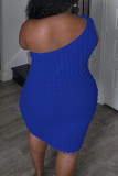 Blue Sexy Solid Color Backless Patchwork Oblique Collar Wrapped Skirt Plus Size Dresses