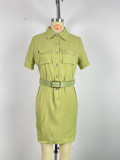 Apricot Elegant Solid Patchwork Pocket Buckle Turndown Collar Wrapped Skirt Dresses
