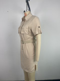 Apricot Elegant Solid Patchwork Pocket Buckle Turndown Collar Wrapped Skirt Dresses