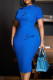 Royal Blue Celebrities Pocket Buttons Patchwork O Neck Wrapped Skirt Dresses