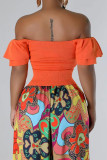 Tangerine Red Casual Solid Color Patchwork Backless Ruched Off Shoulder T-Shirts